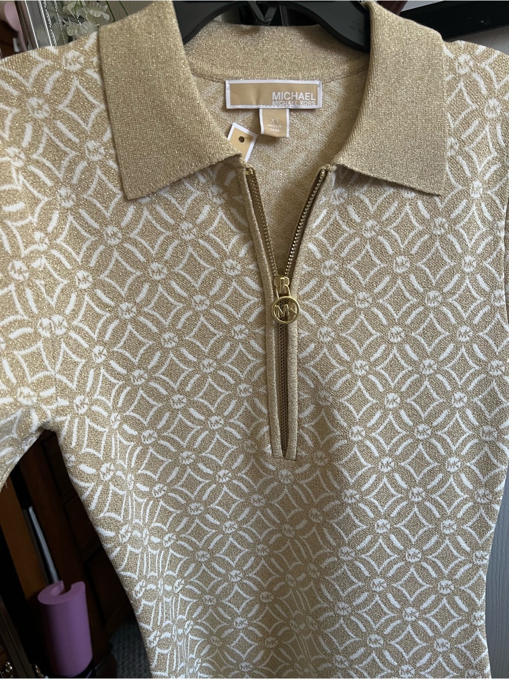 Michael Kors Gold & White Patterned Knit Polo Dress XS (fits like a SM/MED)